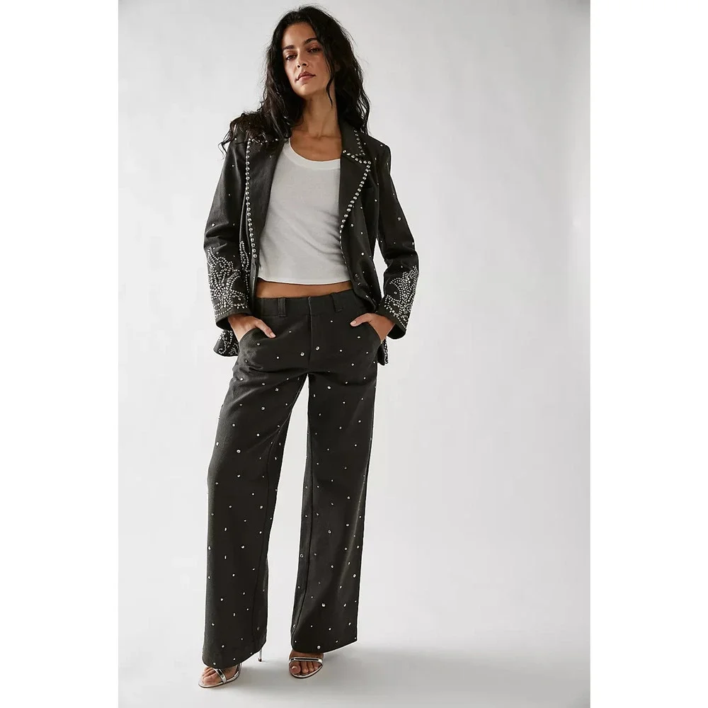 New Free People Embellished Suit $468 SIZE 10 Washed Black